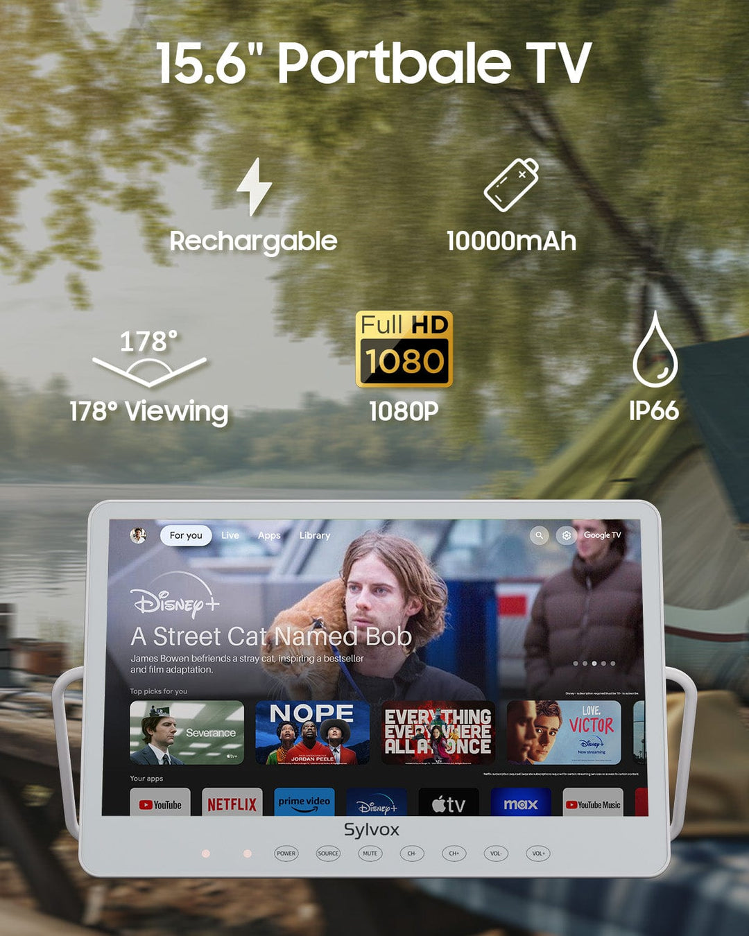 TV inteligente portátil de 15.6" con batería y Resistente al agua